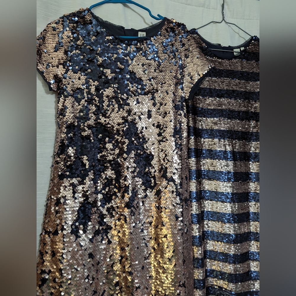Two GAP kids XXL glitter sparkle sequined rose gold and navy dresses - Picture 7 of 13